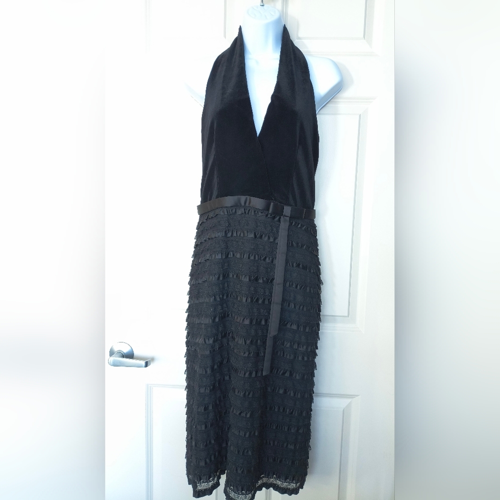 Vintage Jessica McClintock Velvet And Lace Halter Open Back Dress.